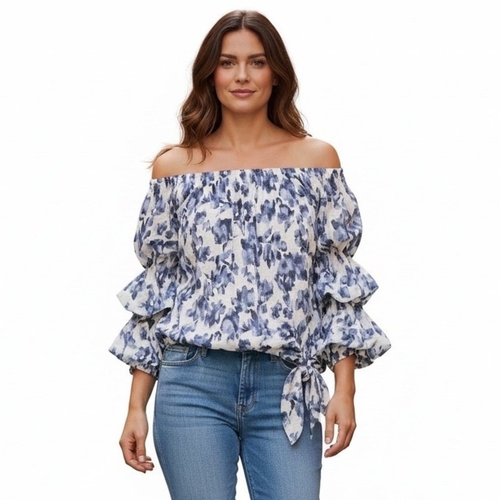 Vince Camuto MSRP $79-Womens Off Shoulder Ruffle Sleeve Linen Blend Top XL